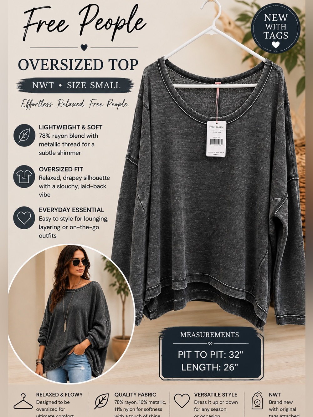 Free People NWT Oversized Metallic Charcoal Slouchy Top S